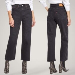 Levi's Premium Ribcage Straight Jeans W28 L27 Black High Rise Button Fly Ankle